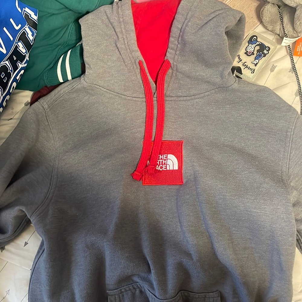 Grey “The North Face” hooded sweatshirt